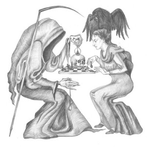 Drawing from: http://www.horrorsniped.com/original-modern-drawing-raven-crow-ryta-halloween-horror-skull-chess-game-art