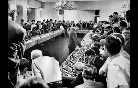 Bobby Fischer playing a simul in 1964.